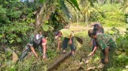 Wujud Kemanunggalan TNI Dan Rakyat, Babinsa Kedungbanteng Bersama Warga Gotong Royong Bersihkan Irigasi Sawah